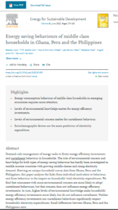 Energy saving behaviours of middle class households in Ghana, Peru and the Philippines