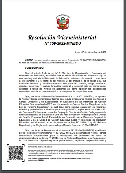 R.V.M. 159-2022-MINEDU Derogatoria de norma que regula el Concurso Público de Acceso a Cargos Directivos y de Especialistas en Educación en las Instancias de Gestión Educativa Descentralizada-2022, en el marco de la Carrera Pública Magisterial de la Ley de Reforma Magisterial