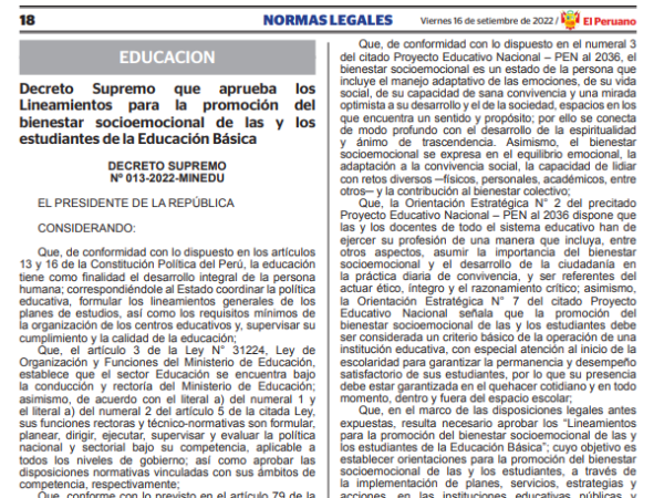 Decreto Supremo que aprueba los  Lineamientos para la promoción del  bienestar socioemocional de las y los  estudiantes de la Educación Básica