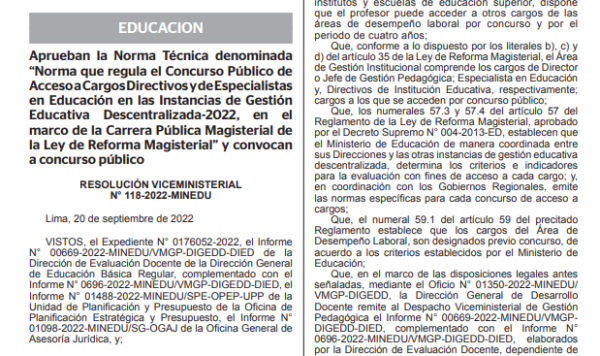 RVM No. 118-2022.MINEDU.Norma que regula el Concurso Público de Acceso a Cargos Directivos y de Especialistas en Educación en las Instancias de Gestión Educativa Descentralizada-2022, en el  marco de la Carrera Pública Magisterial de  la Ley de Reforma Magisterial