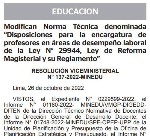 Modifican Norma Técnica denominada  “Disposiciones para la encargatura de  profesores en áreas de desempeño laboral  de la Ley N° 29944, Ley de Reforma  Magisterial y su Reglamento”